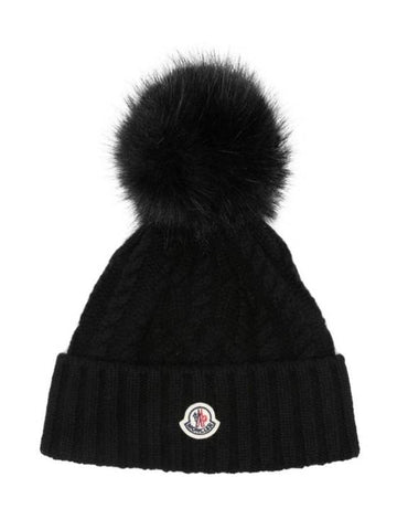 Logo Patch Wool Cashmere Blend Beanie Black - MONCLER - BALAAN 1