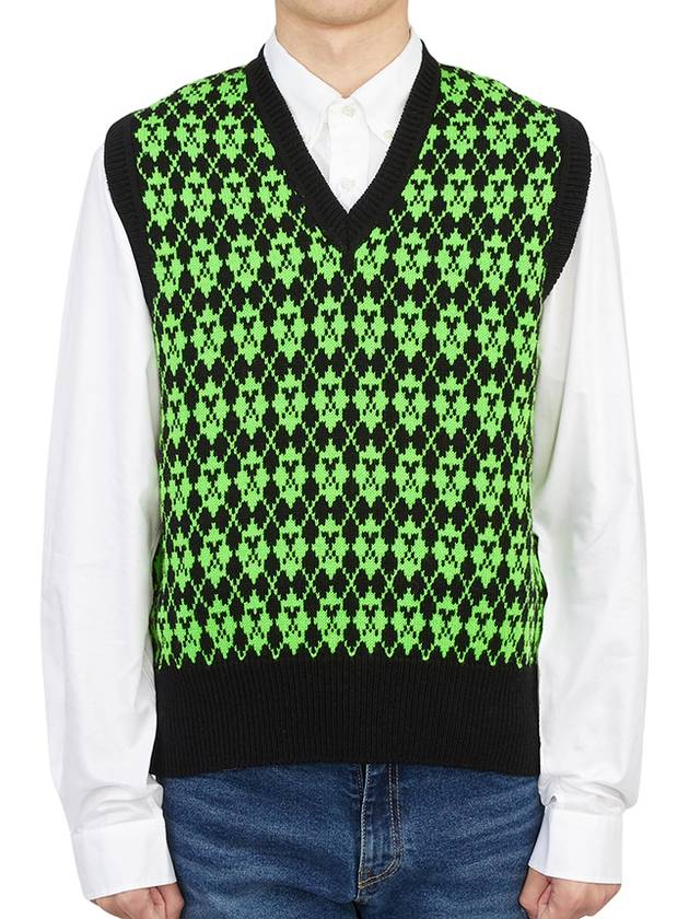 Wool Jacquard V-neck Knit Vest Green - AMI - BALAAN 2