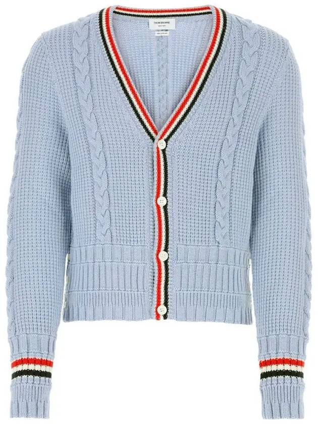 Cable Stripe Classic V-neck Merino Wool Cardigan Blue - THOM BROWNE - BALAAN 2