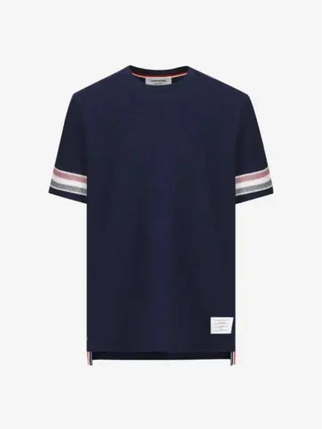 Textured Cotton Stripe Short Sleeve T-Shirt Navy - THOM BROWNE - BALAAN 3