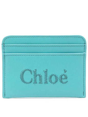 Sense Embroidered Logo Calfskin Card Wallet Light Blue - CHLOE - BALAAN 1