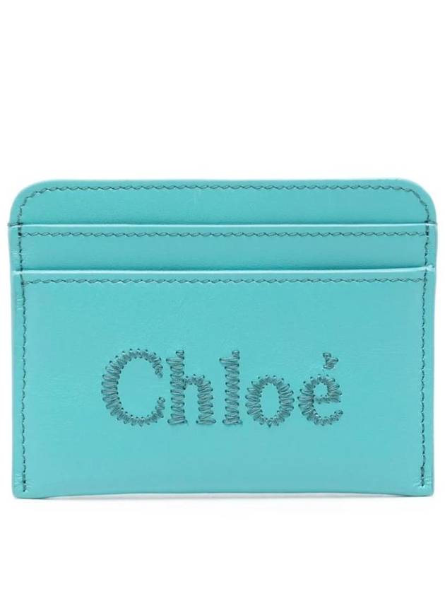 Sense Embroidered Logo Calfskin Card Wallet Light Blue - CHLOE - BALAAN 1