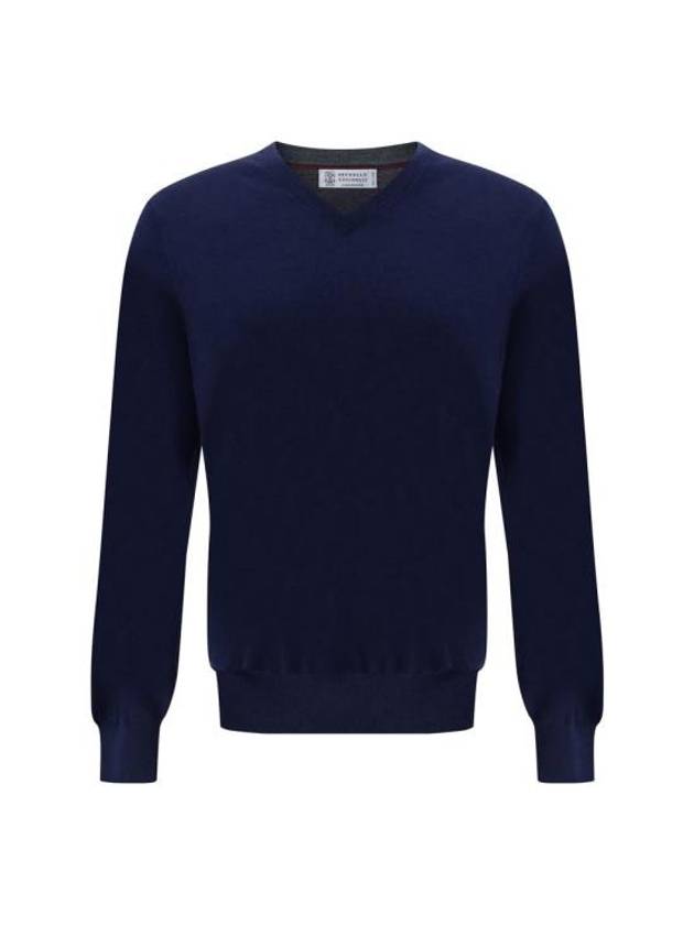 V-Neck Knit Top Blue - BRUNELLO CUCINELLI - BALAAN 1