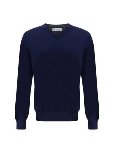 V-Neck Knit Top Blue - BRUNELLO CUCINELLI - BALAAN 1