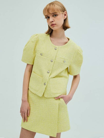 Puff Sleeve Tweed Jacket Wrap Short Pants Set Yellow - OPENING SUNSHINE - BALAAN 2