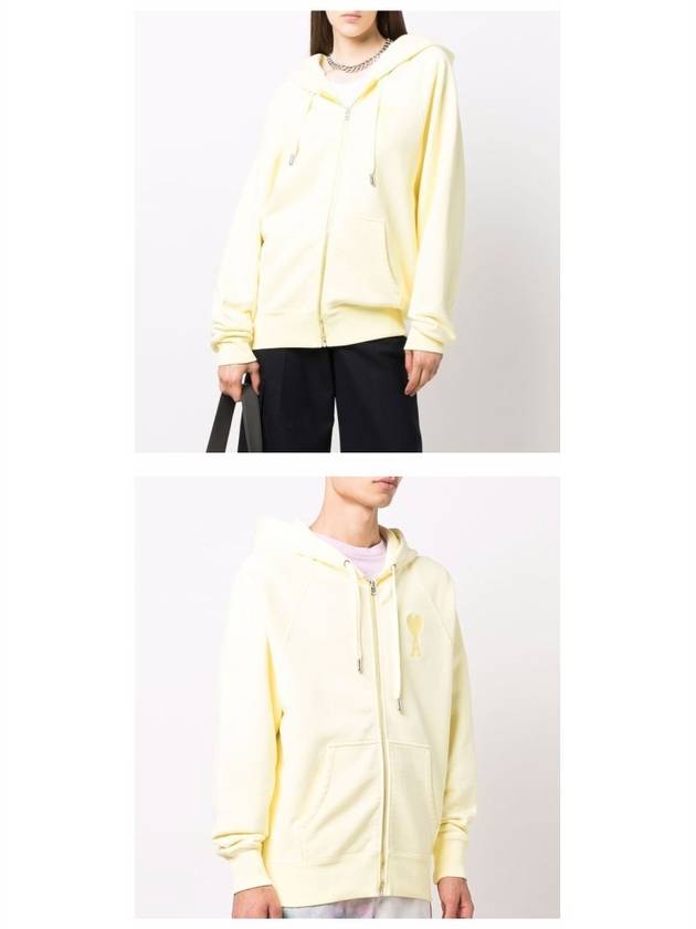 Men's Heart Embroidered Logo Zip-Up Hoodie Pale Yellow - AMI - BALAAN 5