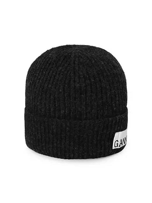 Logo Label Rib Knit Wool Beanie Dark Grey - GANNI - BALAAN 2