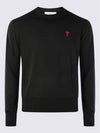 Heart Embroidered Logo Crew Neck Knit Top Black - AMI - BALAAN 3