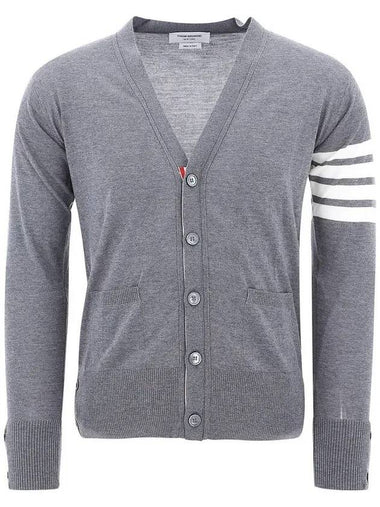 Men's Classic V-neck Merino Wool Cardigan Medium Grey - THOM BROWNE - BALAAN 1