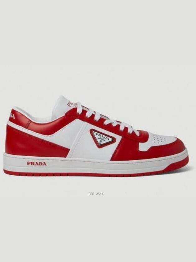 Men's Downtown Triangle Logo Leather Low Top Sneakers White Lacquer Red - PRADA - BALAAN 2