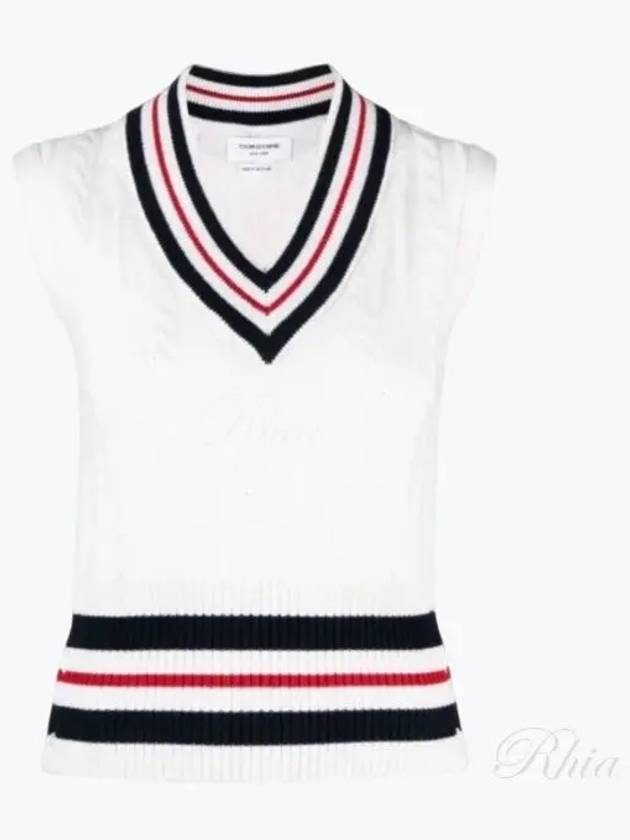 RWB Cable V Neck Cashmere Vest White - THOM BROWNE - BALAAN 2