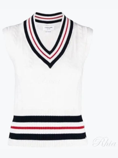 RWB Cable V Neck Cashmere Vest White - THOM BROWNE - BALAAN 2