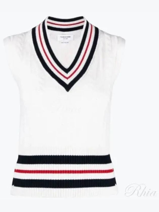 RWB Cable V Neck Cashmere Vest White - THOM BROWNE - BALAAN 2