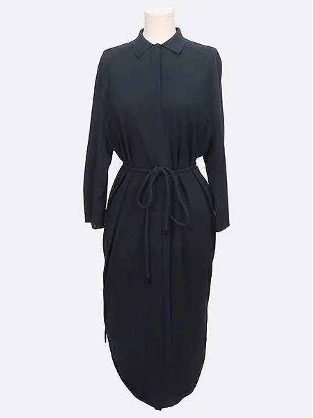 Navy color cotton blend women s collar short sleeve long dress cardigan belt SET size 34 - HERMES - BALAAN 1