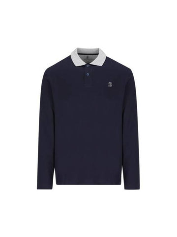 Embroidery Logo Long Sleeve Polo Shirt Navy - BRUNELLO CUCINELLI - BALAAN 1