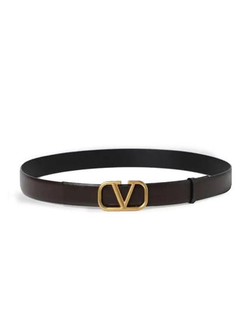 Gold V Logo Signature Leather Belt Brown - VALENTINO - BALAAN 1