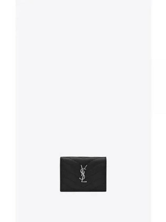 Grain De Poudre Textured Quilted Leather Silver Monogram Card Wallet Black - SAINT LAURENT - BALAAN 2