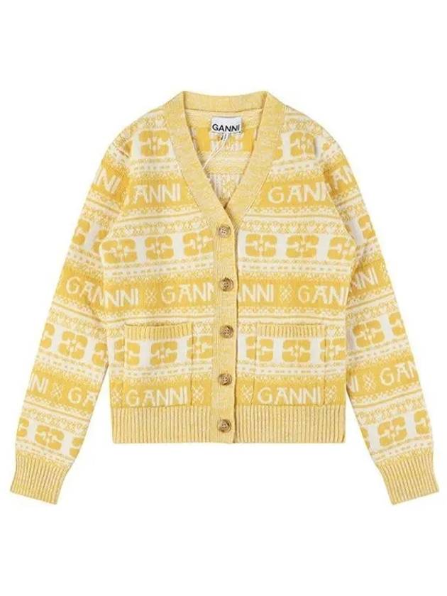 Intarsia Logo Wool V-Neck Cardigan Yellow - GANNI - BALAAN 2