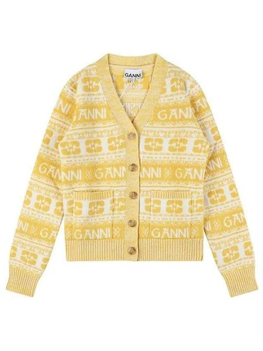 Intarsia Logo Wool V-Neck Cardigan Yellow - GANNI - BALAAN 2