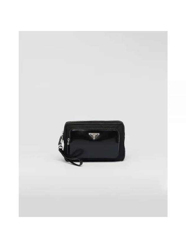 Re-Nylon Brushed Leather Pouch Bag Black - PRADA - BALAAN 1