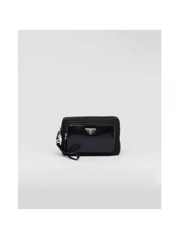 Re-Nylon Brushed Leather Pouch Bag Black - PRADA - BALAAN 1