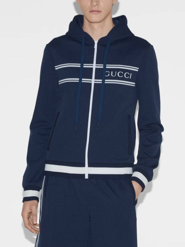 Logo Stripe Print Zip Up Hoodie Midnight Blue - GUCCI - BALAAN 3