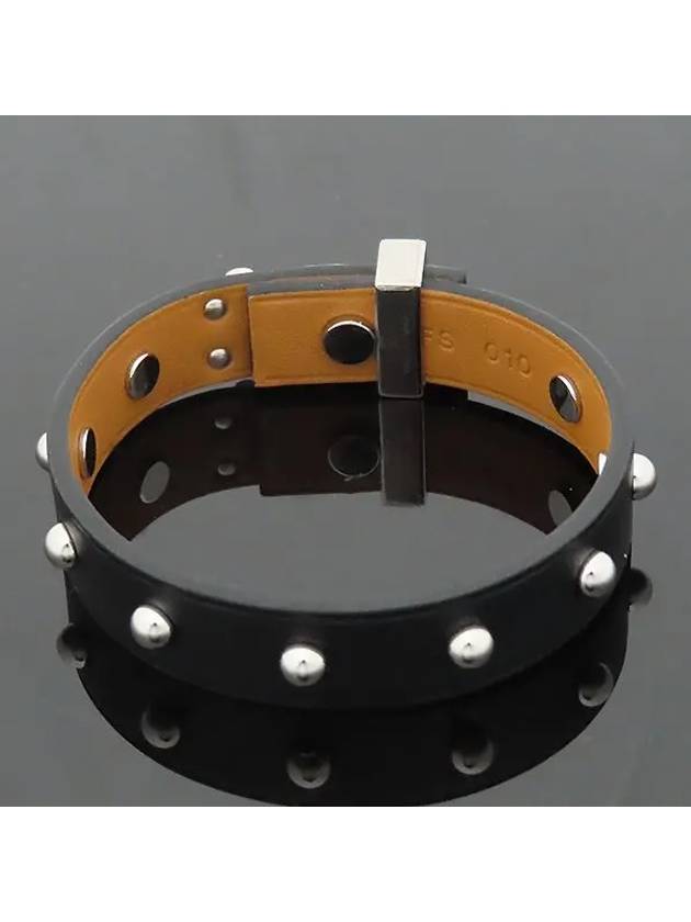 MINI DOG black color silver round stud decorated leather bracelet - HERMES - BALAAN 3