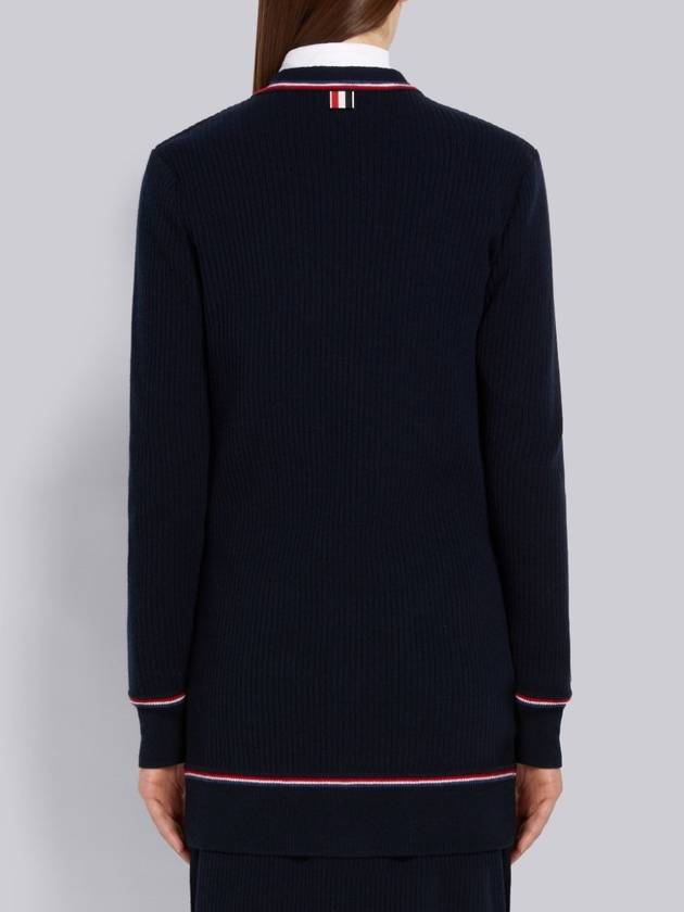 Three Stripe Trim Ribbed Cashmere V Neck Cardigan Navy - THOM BROWNE - BALAAN 4