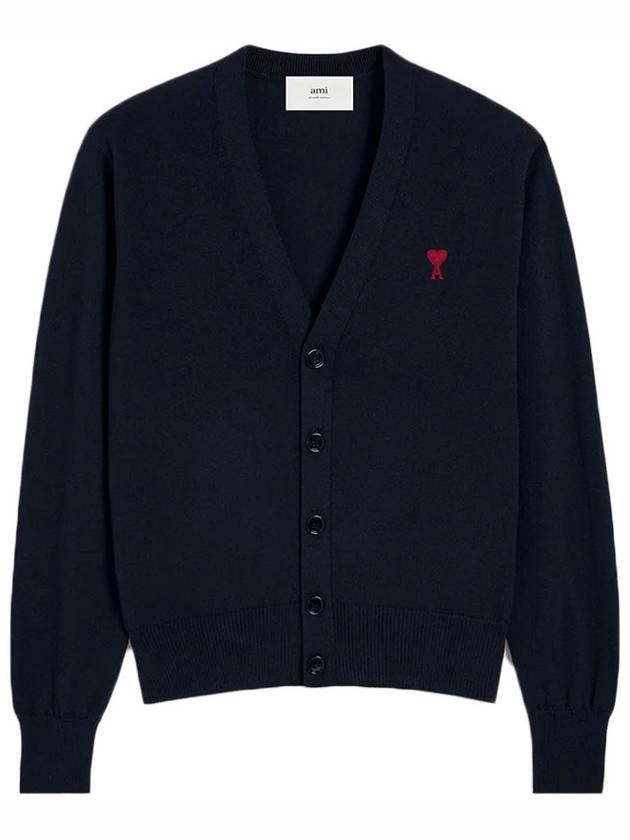 Red Heart Logo Merino Wool Cardigan Navy - AMI - BALAAN 2