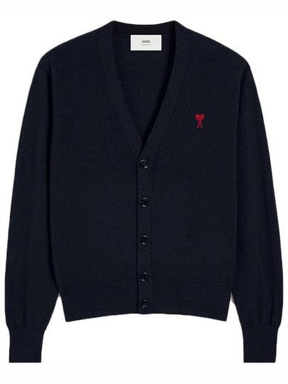 Red Heart Logo Merino Wool Cardigan Navy - AMI - BALAAN 2