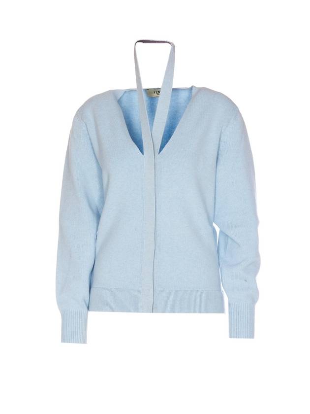 Cutout Cashmere Cardigan Light Blue - FENDI - BALAAN 1