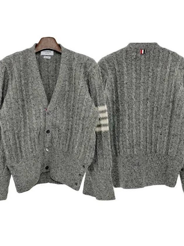 Donegal Twist Cable 4 Bar Classic V Neck Cardigan Light Grey - THOM BROWNE - BALAAN 2