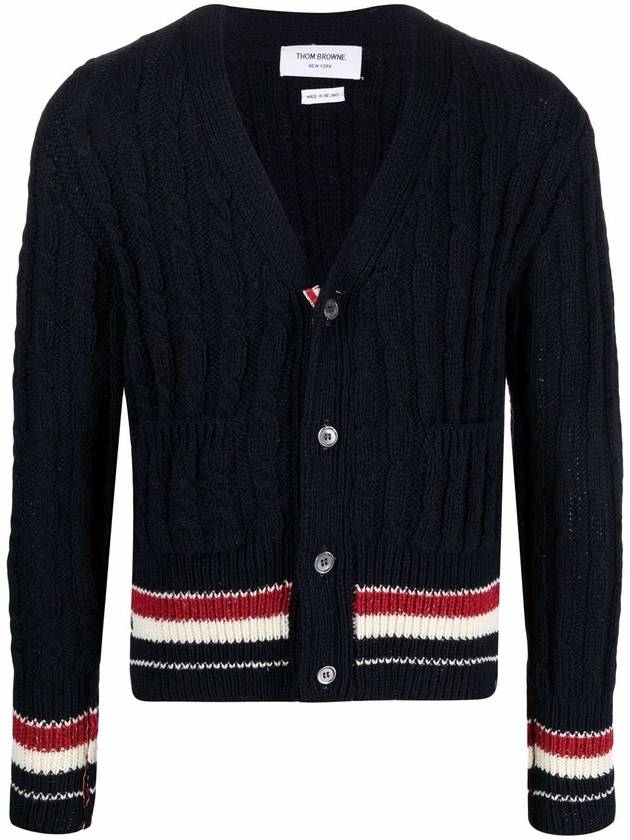 Men's Mix Cable V-Neck Classic Fit Cardigan Navy - THOM BROWNE - BALAAN.