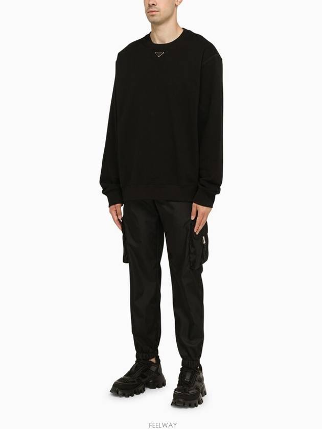 Oversized Cotton Sweatshirt With Triangle Logo Black - PRADA - BALAAN 5