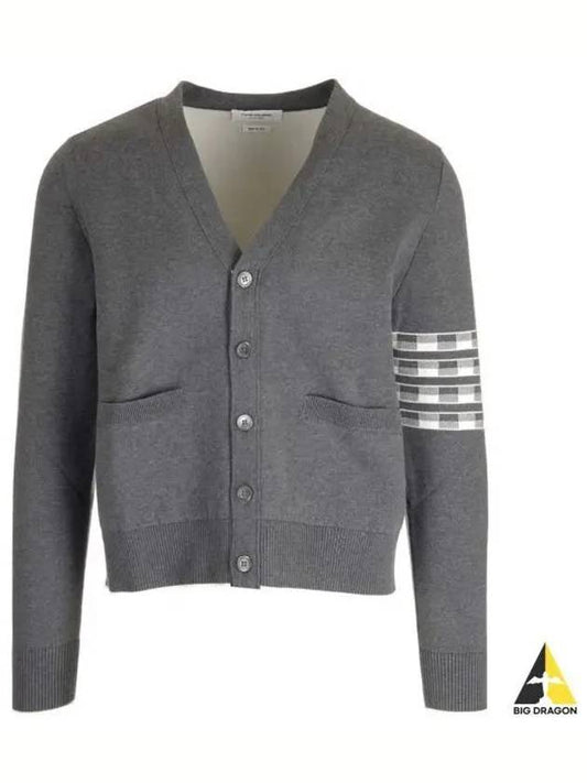 4-Bar V-Neck Hector Jacquard Cotton Cardigan Grey - THOM BROWNE - BALAAN 2