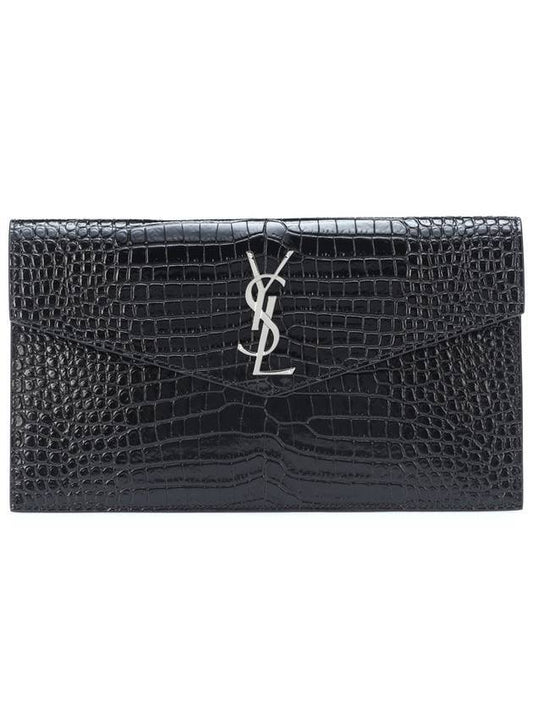 Silver Crocodile Embossed Uptown Clutch Bag Black - SAINT LAURENT - BALAAN 1