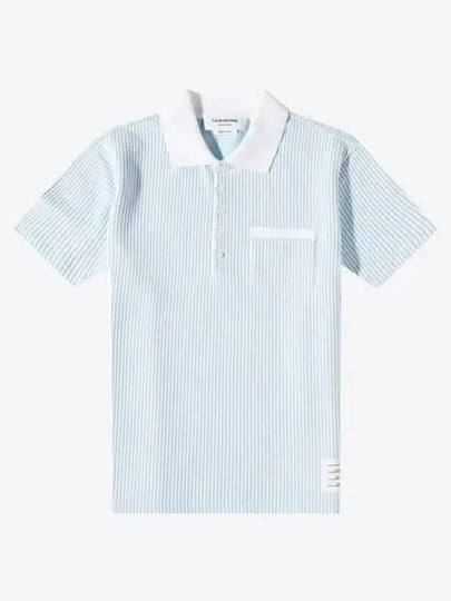 Striped Seersucker Pocket Short Sleeve Polo Shirt Light Blue - THOM BROWNE - BALAAN 2