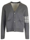 4-Bar V-Neck Hector Jacquard Cotton Cardigan Grey - THOM BROWNE - BALAAN 2