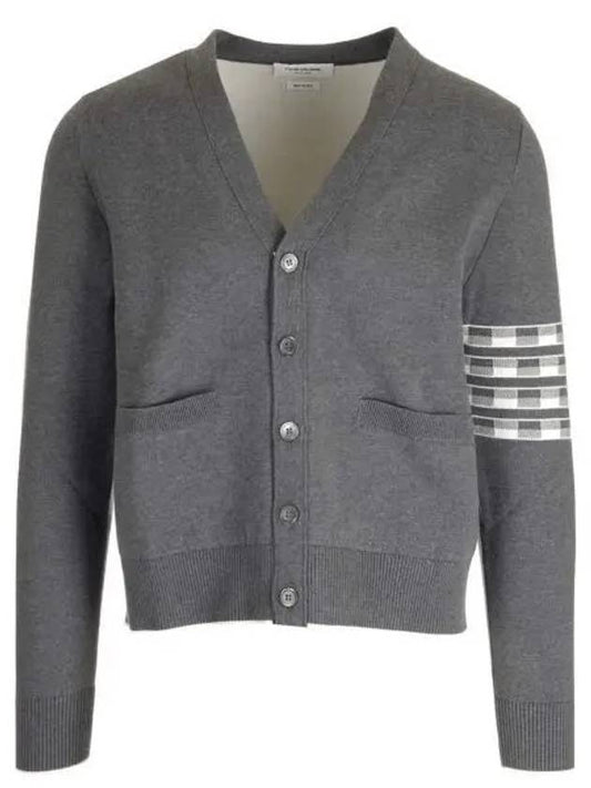 4-Bar V-Neck Hector Jacquard Cotton Cardigan Grey - THOM BROWNE - BALAAN 2