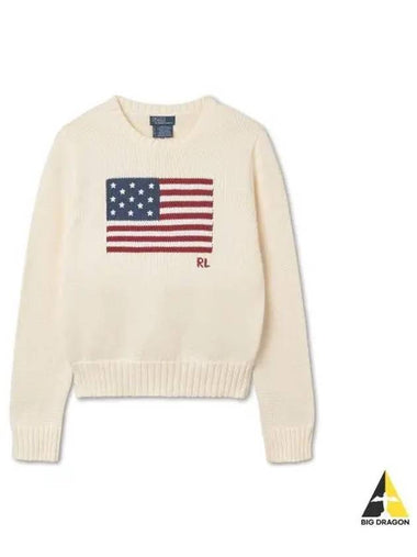 W Flag Cotton Crew Neck Sweater Natural - POLO RALPH LAUREN - BALAAN 1