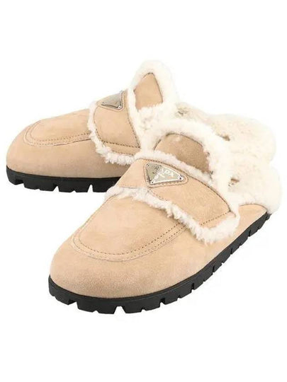 Women's Triangle Logo Shearling Lining Slippers Ecru - PRADA - BALAAN 2