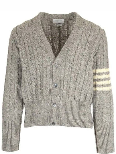 Donegal Twist Cable 4 Bar Classic V Neck Cardigan Light Grey - THOM BROWNE - BALAAN 2