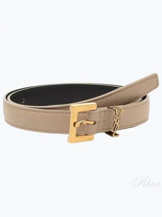 Women's Monogram Square Buckle Leather Belt Beige - SAINT LAURENT - BALAAN 2