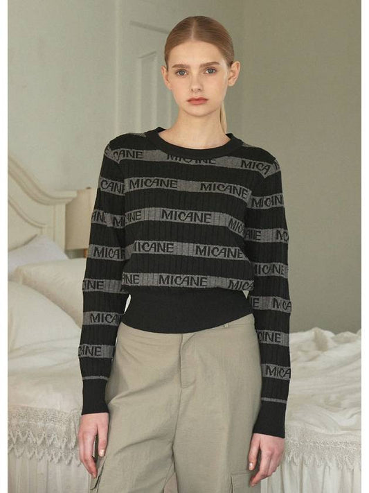 Women's Mellow Wool Striped Logo Knit Top Black - MICANE - BALAAN 2