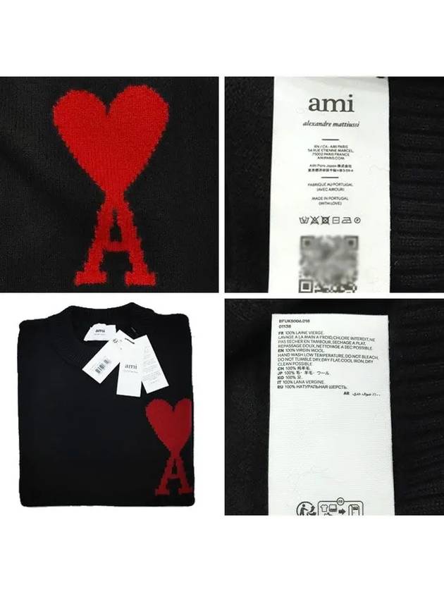 Intarsia Big Heart Logo Wool Knit Top Black - AMI - BALAAN 6