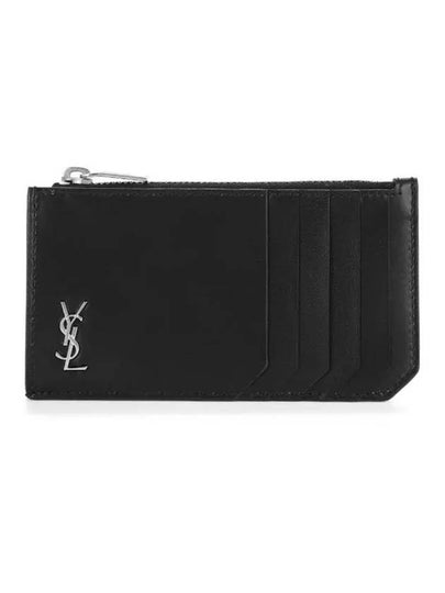 Tiny Cassandre Fragments Silver Hardware Leather Zipper Card Wallet Black - SAINT LAURENT - BALAAN 2