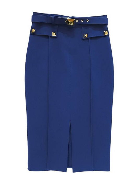 Women's Gold Button Tight HLine Skirt Cobalt Blue G0471590 - ELISABETTA FRANCHI - BALAAN 1