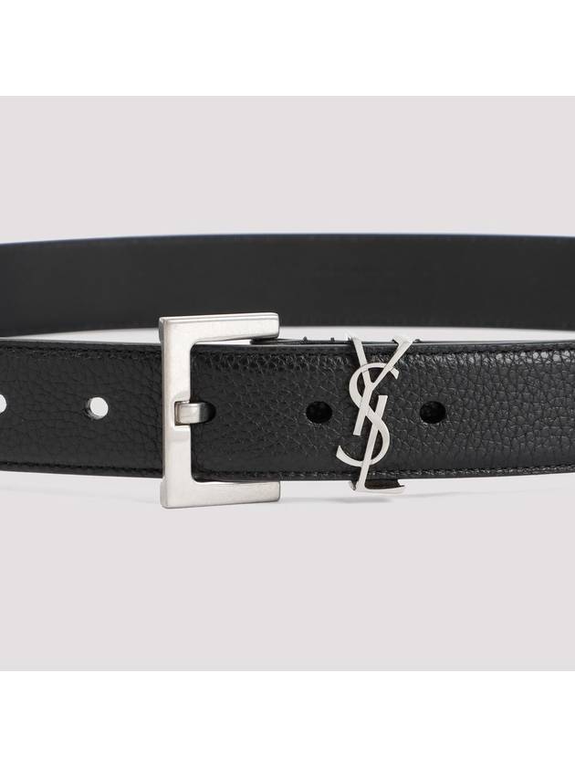 Grained Leather Silver Monogram Belt Black - SAINT LAURENT - BALAAN 3