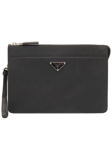 Black Saffiano Leather Triangle Logo Strap Clutch - PRADA - BALAAN 1