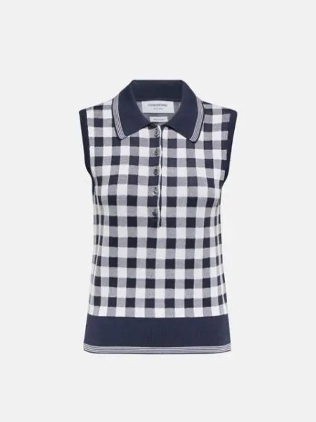 Gingham Silk Jacquard 4 Bar Polo Sleeveless Cardigan Navy - THOM BROWNE - BALAAN 2